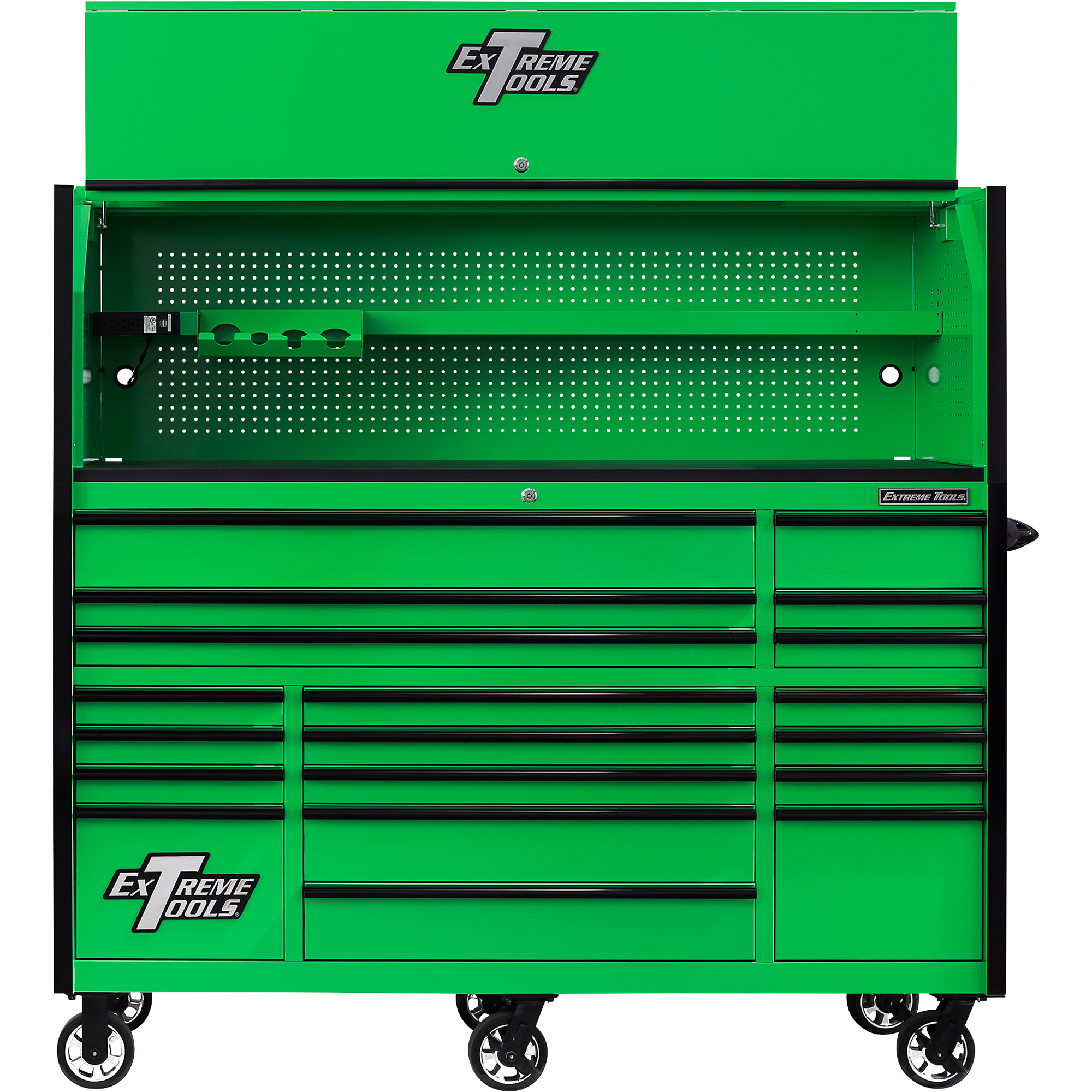 Extreme Tools Professional Hutch and 19-Drawer Roller Cabinet Combo - 72in.W, 250-Lb. Capacity, Green/Black, Model# RX723020HRGK